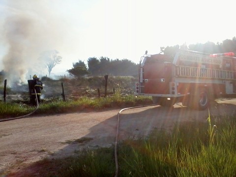 Quando os bombeiros chegaram ao local, em Jaguaruna, o fogo quase atingia uma área de plantação de eucalipto. - Foto: Bombeiros voluntários de Jaguaruna/Divulgação/Notisul.