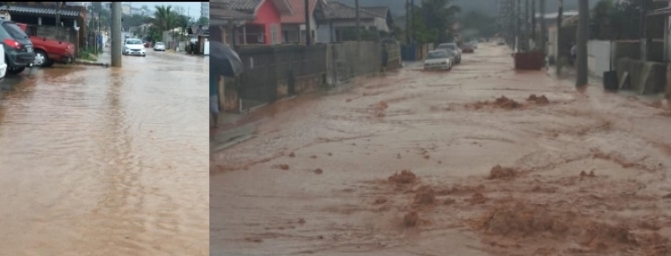 Chuva forte em Braço do Norte deixa rua alagada e causa transtornos a motoristas e pedestres