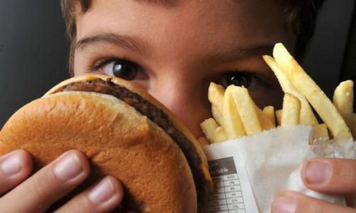 #Pracegover Foto: na imagem há uma criança com um hamburguer e um pacote de batata frita