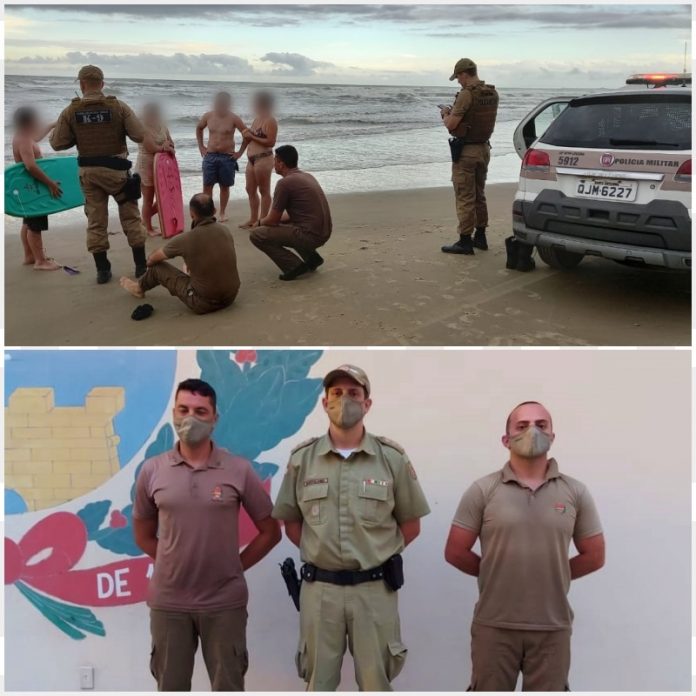 #Pracegover Foto: nas imagens há policiais, viatura, pessoas na praia
