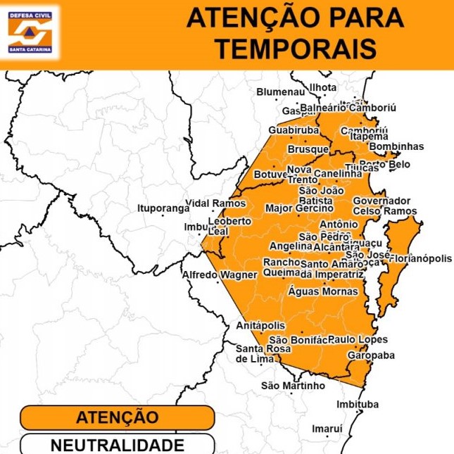 Defesa Civil alerta para risco de temporais entre o Litoral Sul e Grande Florianópolis
