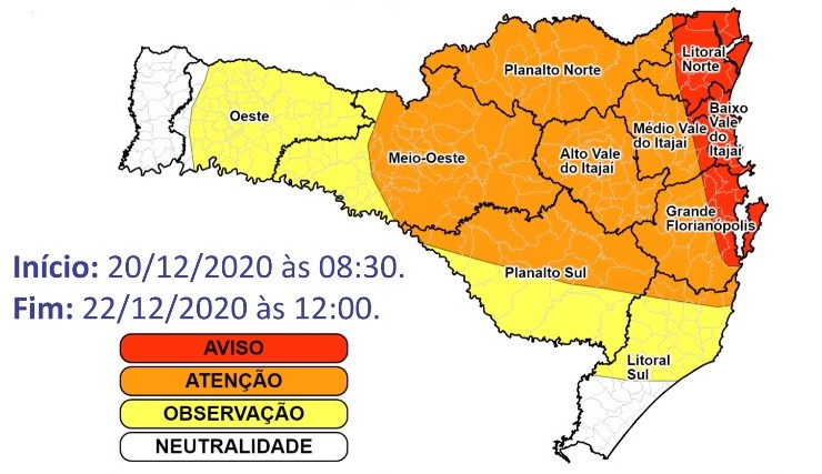 Defesa Civil emite alerta para altos acumulados de chuva em SC entre quinta e sexta-feira