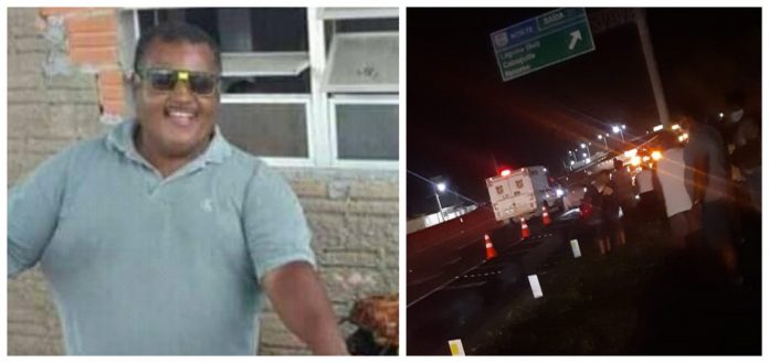 #Pracegover Na foto, à esquerda a imagem de Geraldo, à direita o local do acidente com vários carros parados, pessoas e veículo do IGP