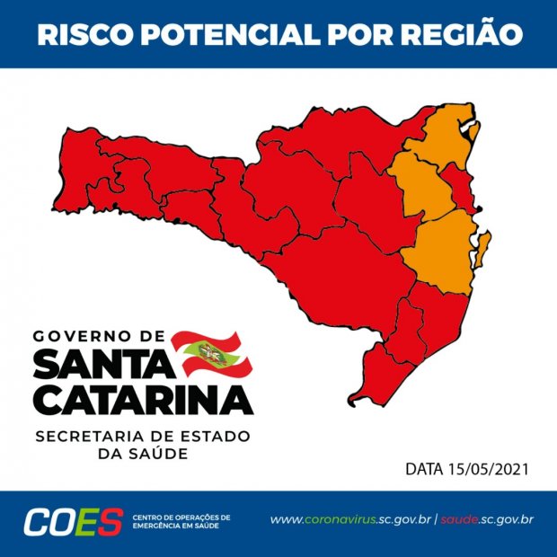#Pracegover Foto: na imagem há o mapa de SC em vermelho e laranja