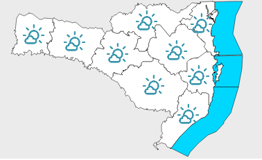 #Pracegover Na foto, mapa de Santa Catarina demarcado com a previsão do tempo nas regiões