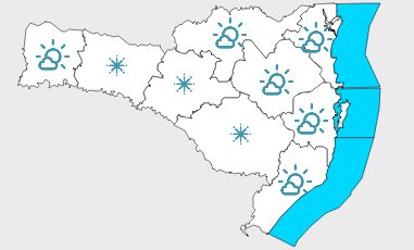 #Pracegover Na foto, mapa de Santa Catarina demarcado pela previsão do tempo