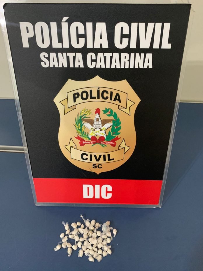 #PraCegoVer Na foto, o emblema da Polícia Civil de Santa Catarina e algumas porções de droga