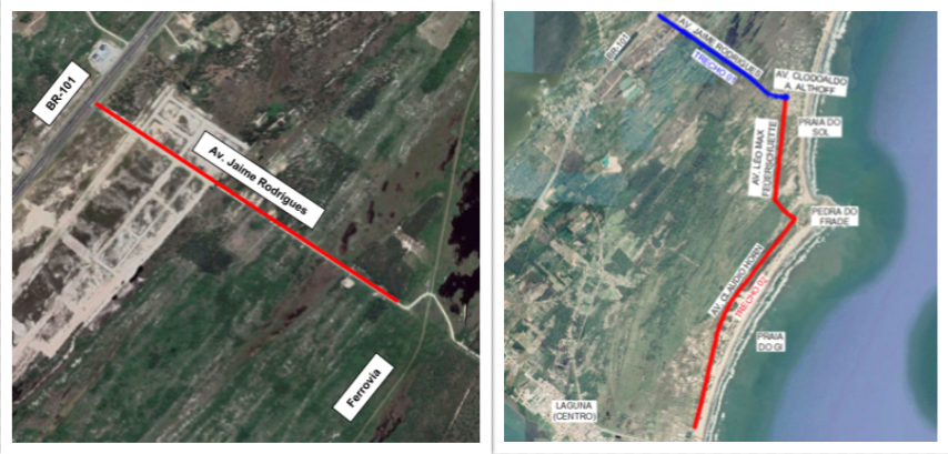 #ParaTodosVerem Na foto, imagens de satélite mostram os dois trechos que serão pavimentados, em Laguna