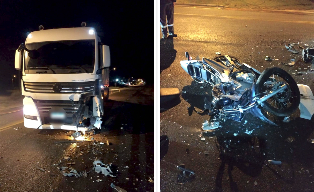 A colisão ocorreu por volta das 6 horas desta quarta-feira, na SC-442, em Jaguaruna - Fotos: BVJ | Divulgação #ParaTodosVerem Nas fotos, uma carreta e uma motocicleta que colidiram de frente em um acidente de trânsito