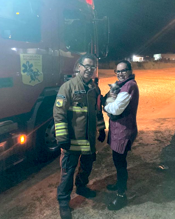 #ParaTodosVerem Na foto, uma mulher segura sua gata que foi resgatada pelo bombeiro voluntário